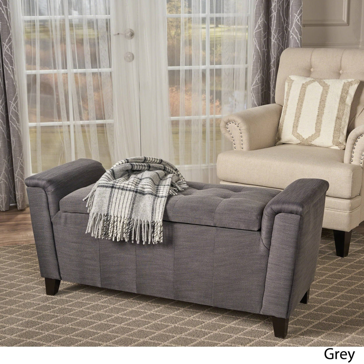 Tufted Fabric Armed Storage Ottoman Bench D93099