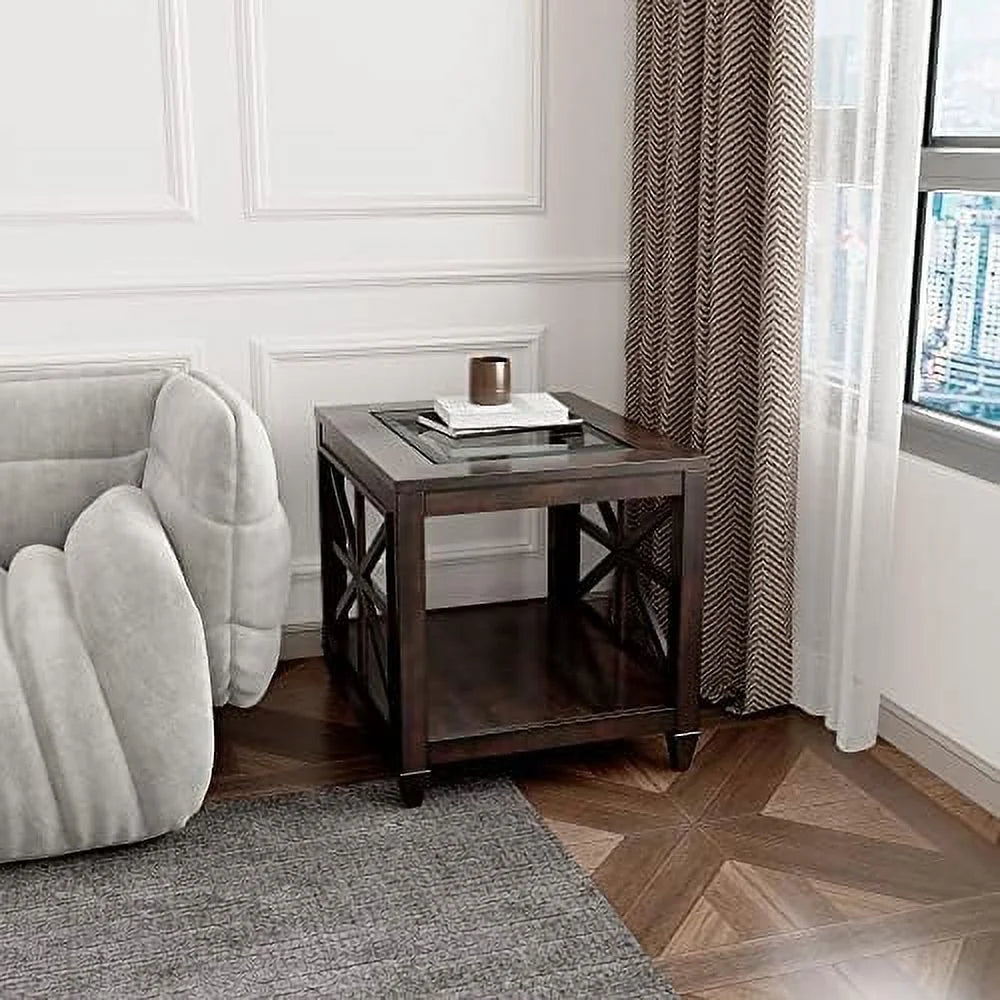 Rustic Brown End Table with Tempered Glass F384