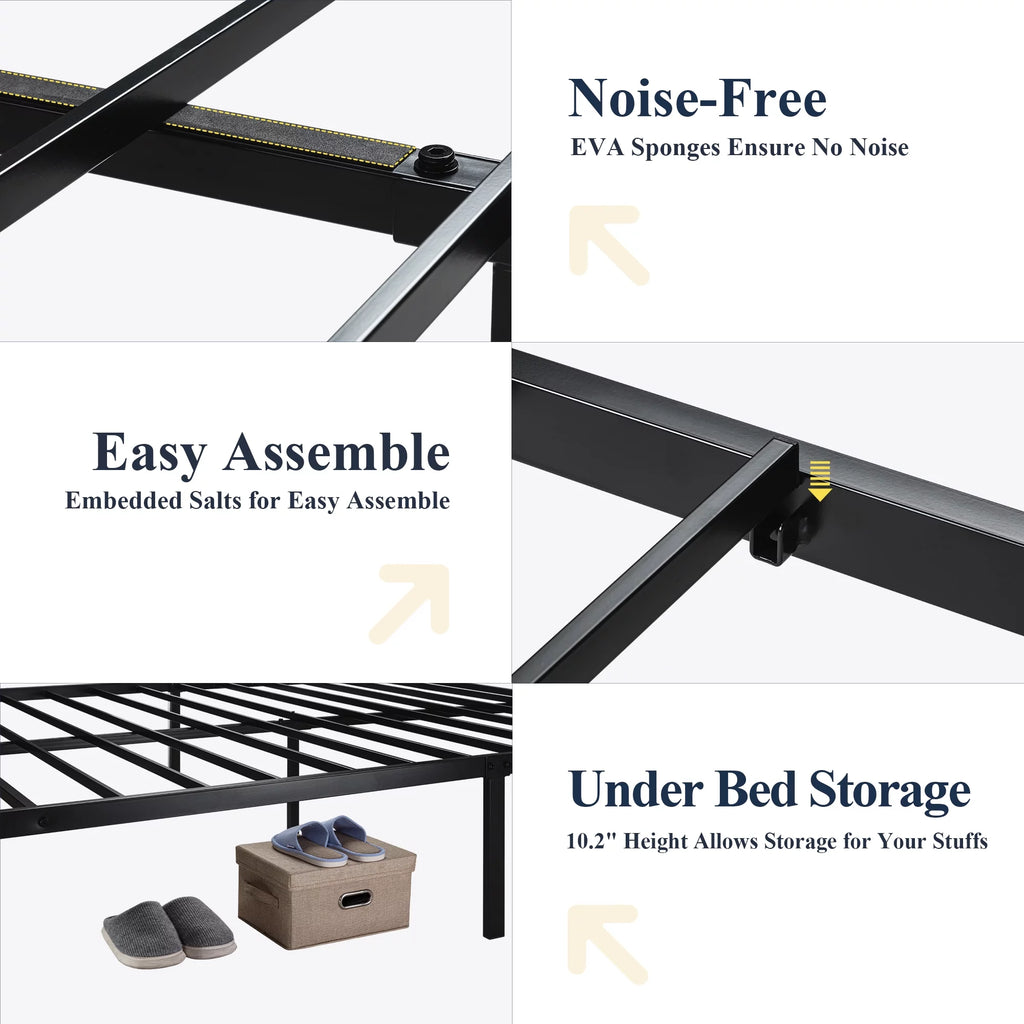 Queen Size Metal Platform Bed Frame with Wooden Headboard Footboard C5418