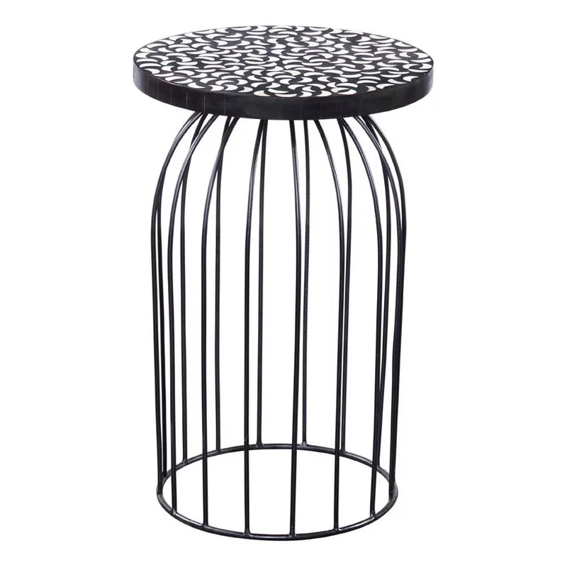 Black Metal Accent Table with Bone Inlay Top F73705