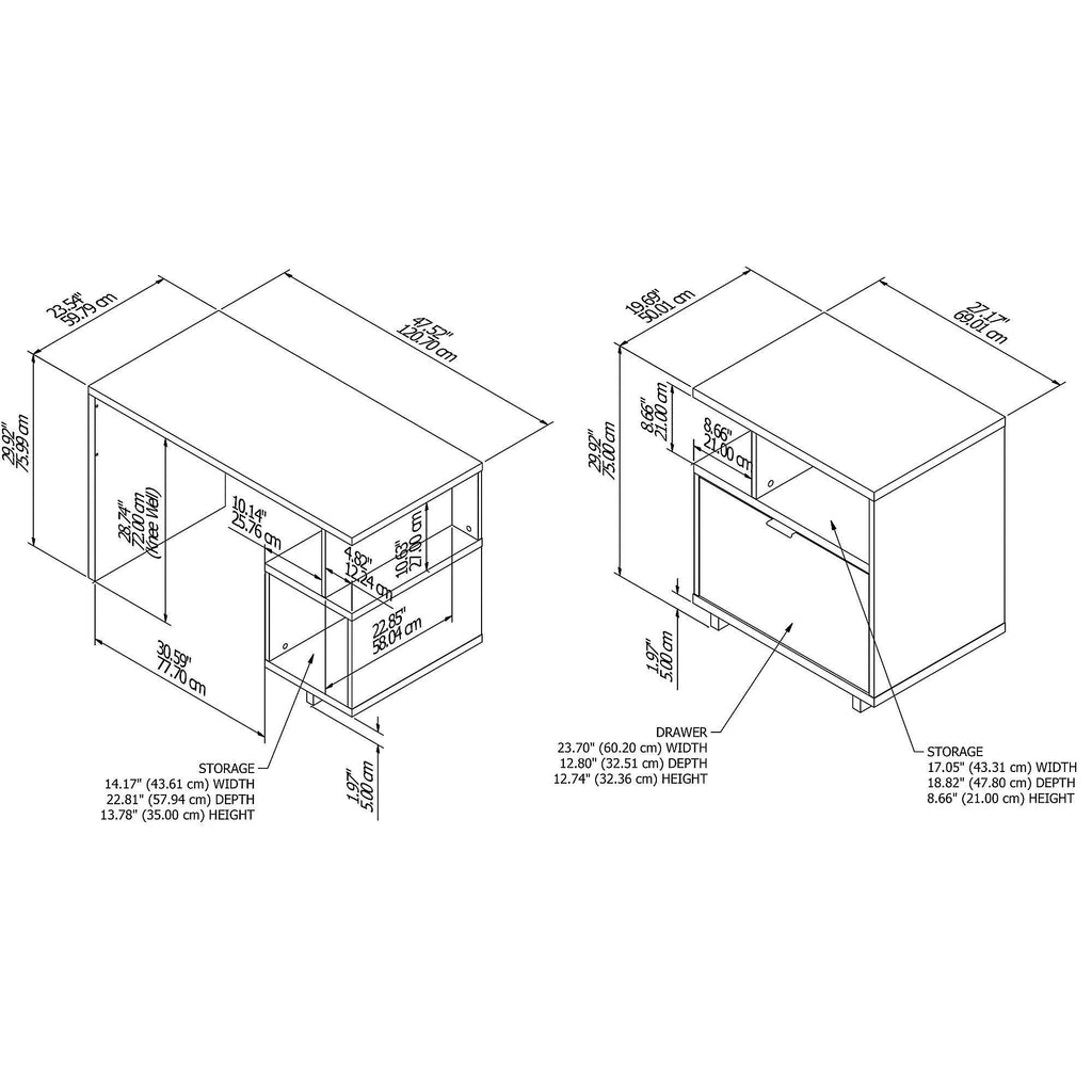 48W Writing Desk with Lateral File Cabinet Pure White N25377