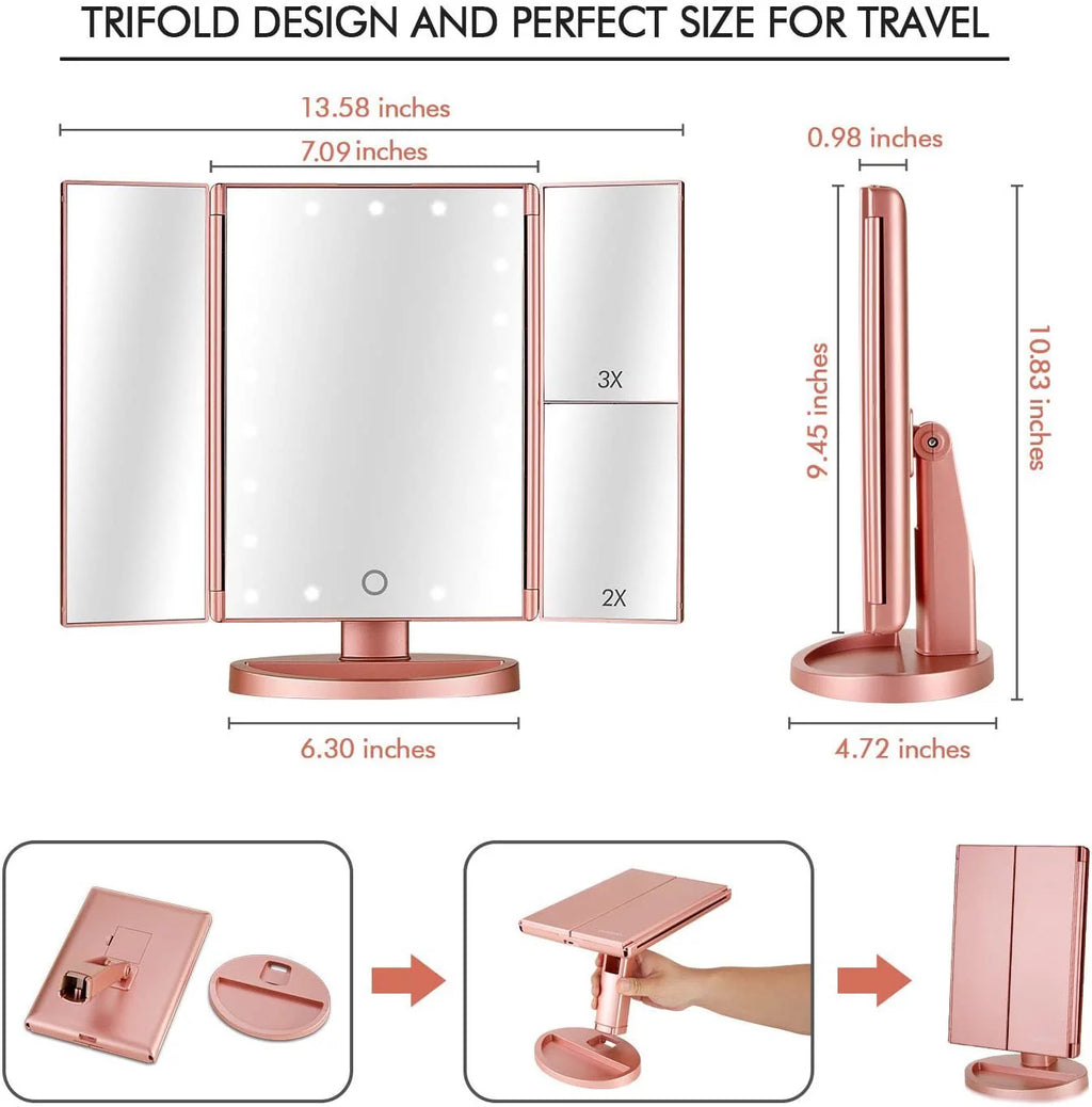 Tri-fold Lighted Vanity Makeup Mirror with 3x/2x Magnification O351484