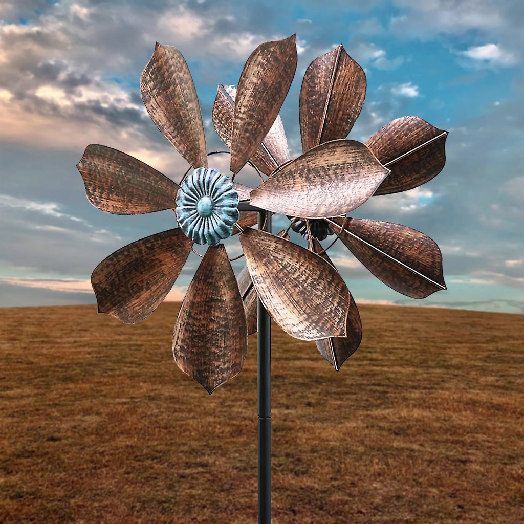 60 inch Metal Wind Spinner with Bronze Leaves and Blue Flower Core J14067