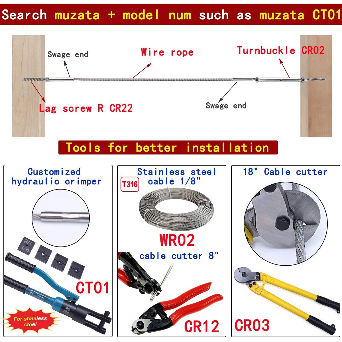 10 Set T316 Stainless Steel Cable Railing Kit H2024
