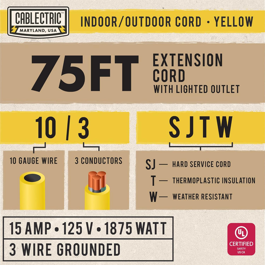 75 Ft 10 Gauge Yellow Heavy Duty Extension Cord J8808