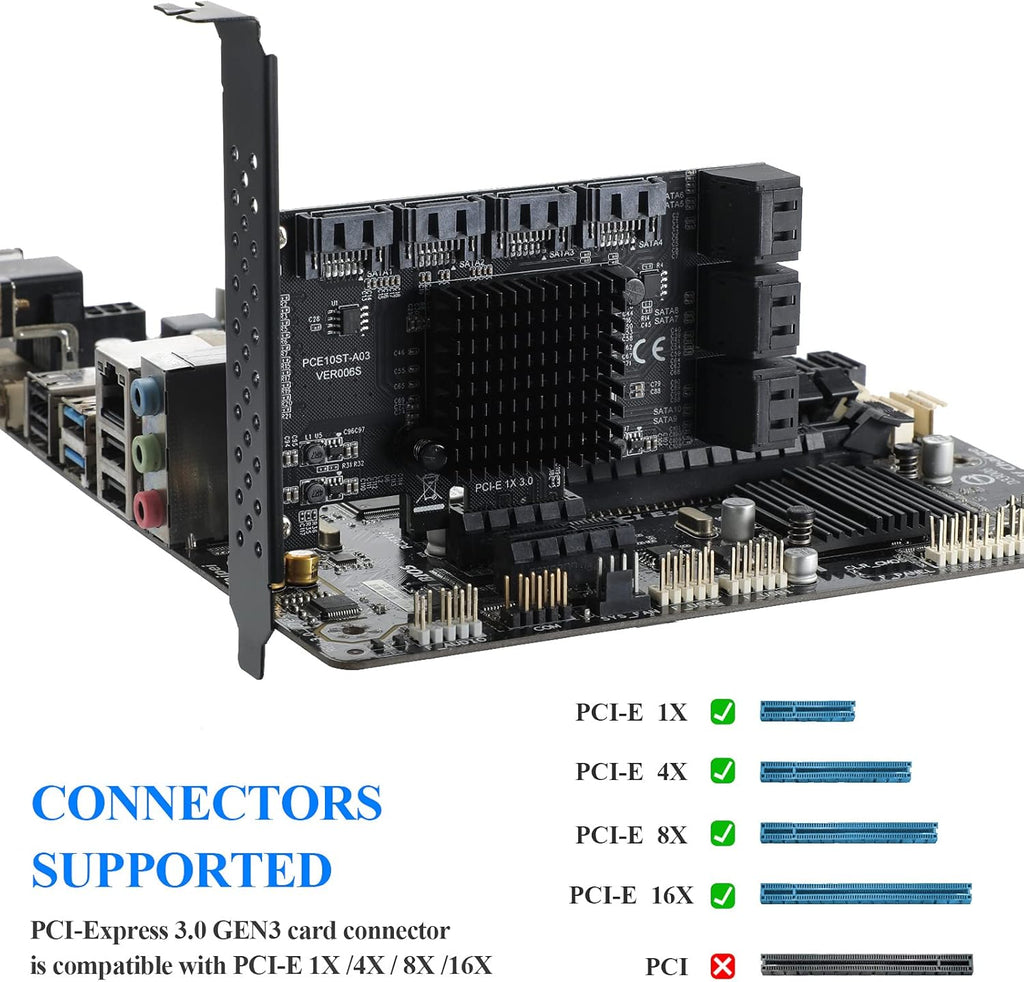 PCIE 1X 10 Ports 6 Gbps SATA 3.0 Expansion Card with Low Profile Bracket and 10 SATA Cables M964