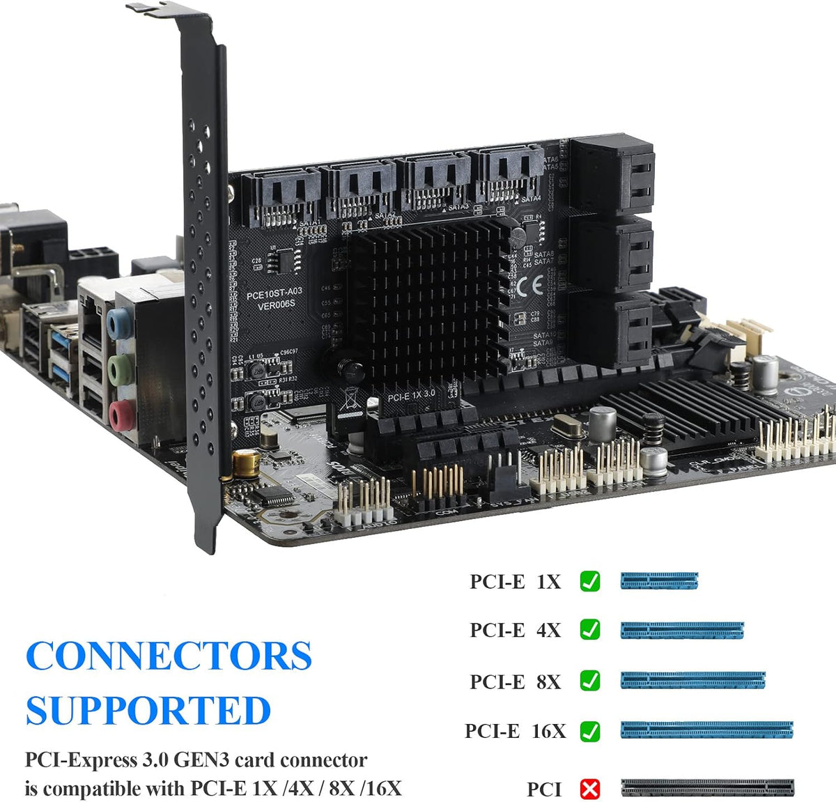 PCIE 1X 10 Ports 6 Gbps SATA 3.0 Expansion Card with Low Profile Bracket and 10 SATA Cables M964