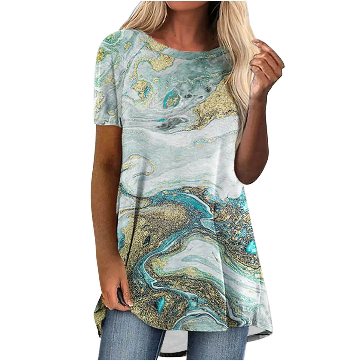 Abstract Marble Print T-Shirt Short Sleeve Blouse Loose Flowy Long Tees Plus Size P629