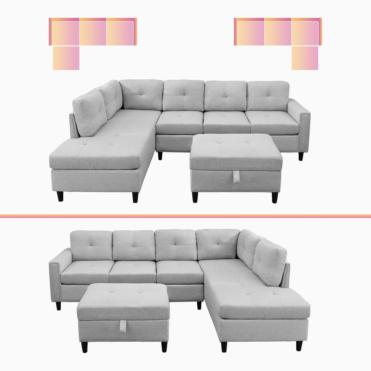 Light Grey L-Shaped Sectional Sofa with 2 Cup Holders and Storage Ottoman S40937