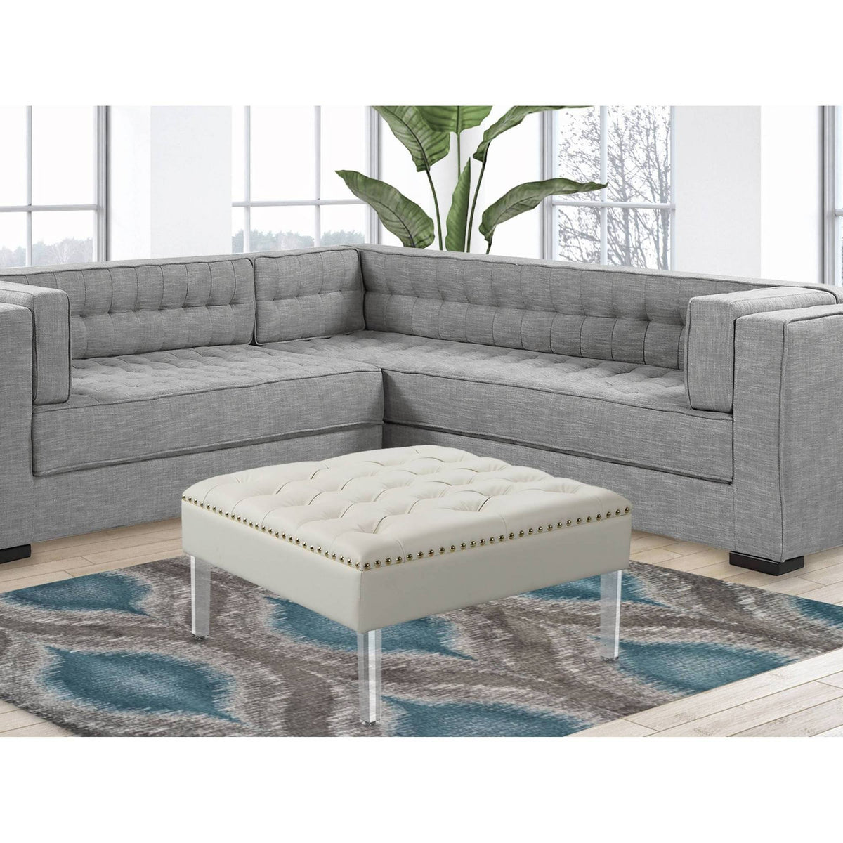 White PU Button Tufted Square Ottoman G5266