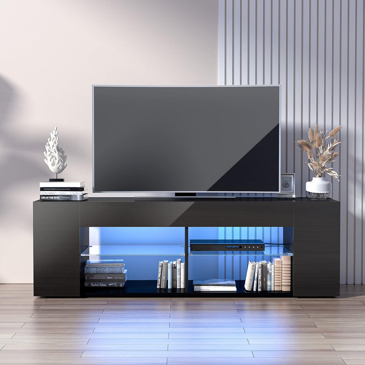 Black TV Stand with High Gloss LED Storage V900