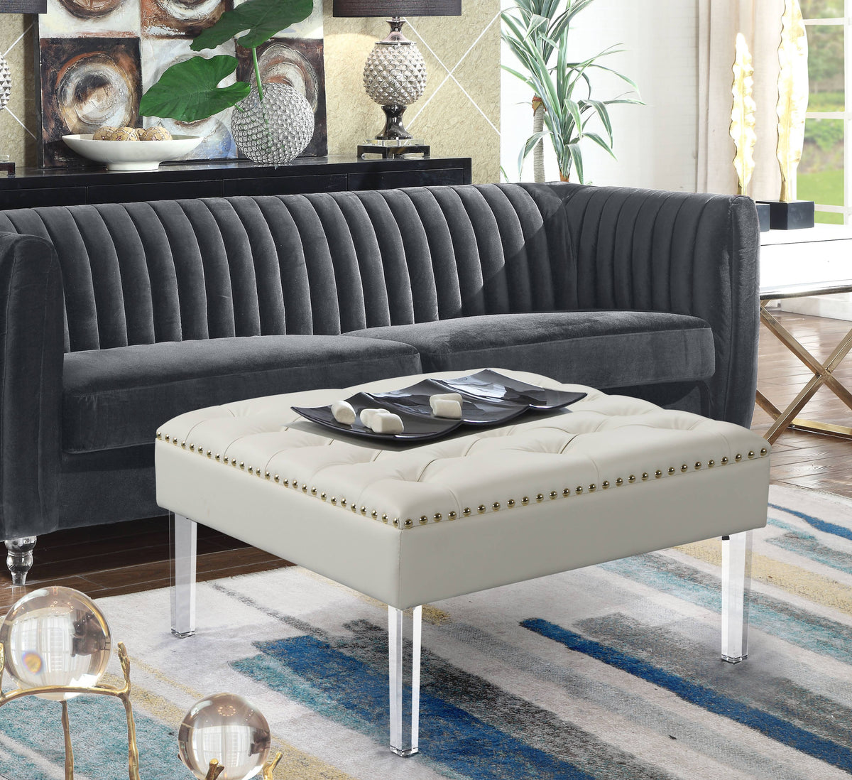White PU Button Tufted Square Ottoman G5266