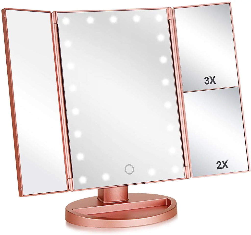 Tri-fold Lighted Vanity Makeup Mirror with 3x/2x Magnification O351484