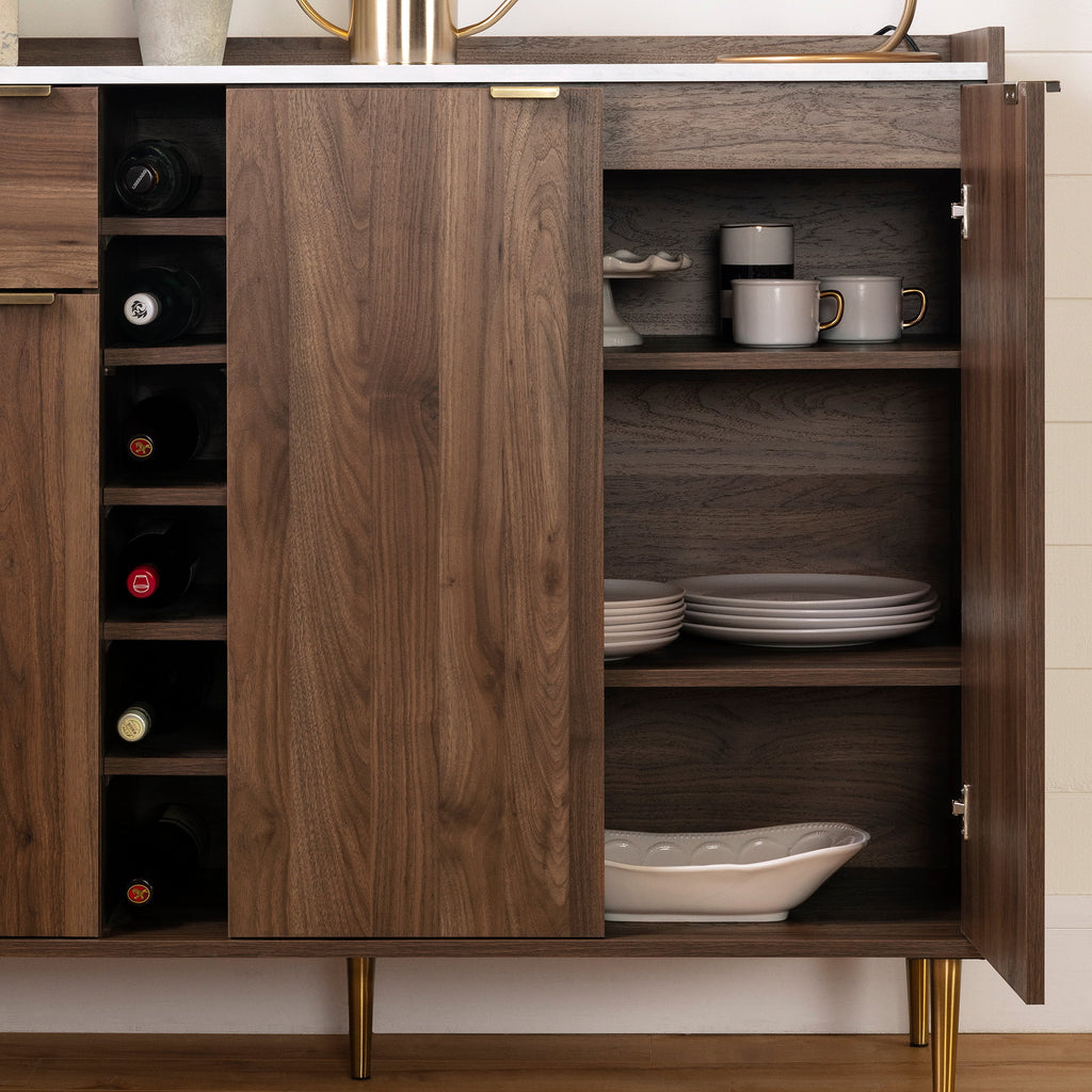 Natural Walnut and Faux Carrara Marble Buffet with Storage V445