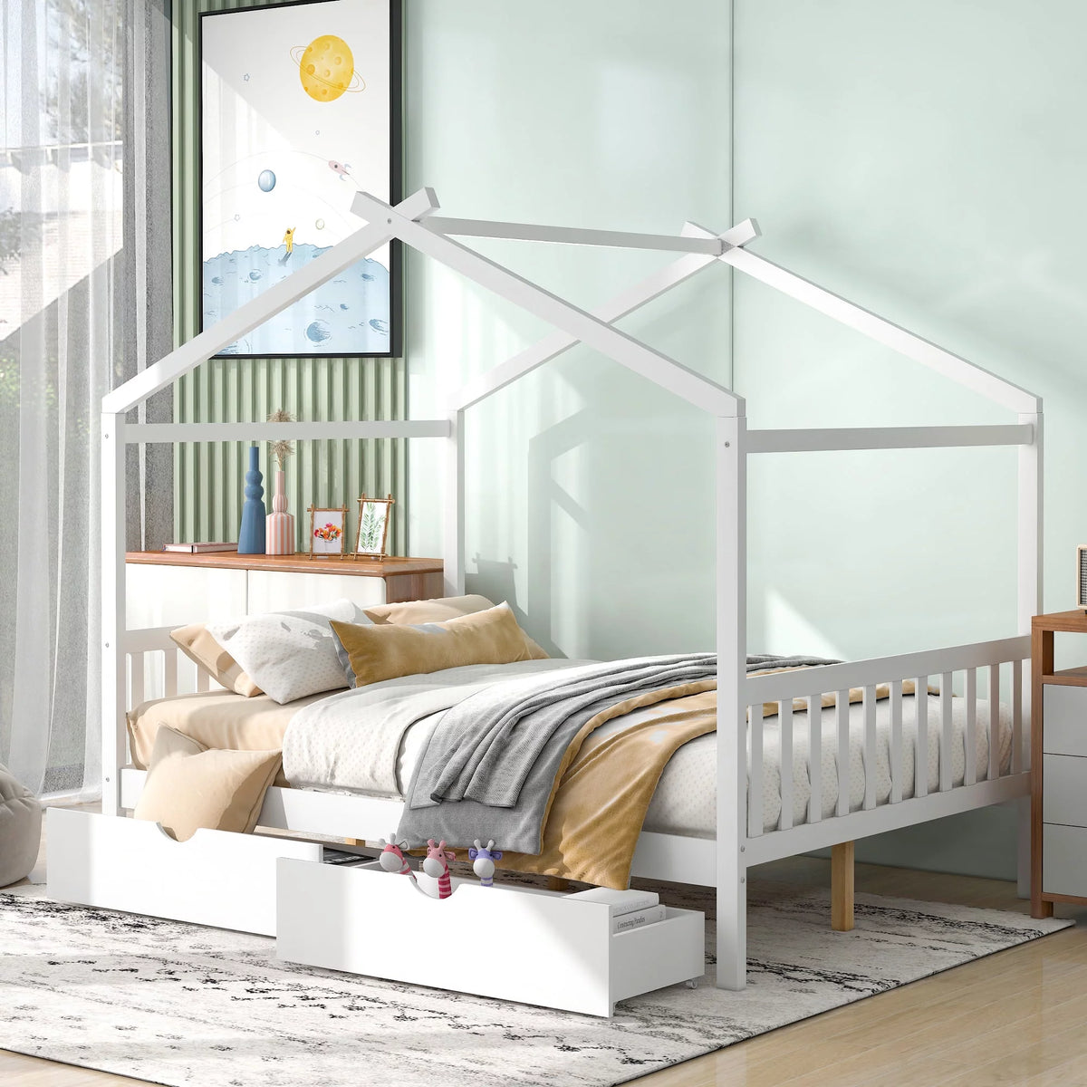 White Full Size Platform Bed with Two Drawers N576589