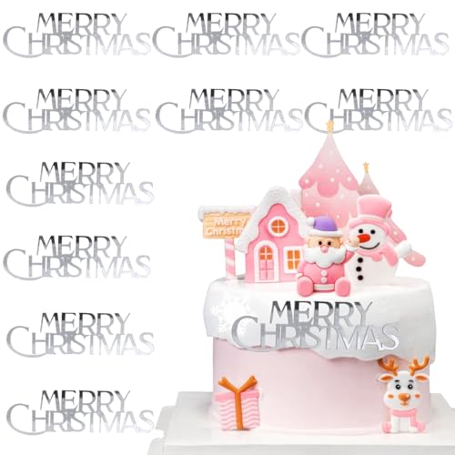 10Pcs Christmas Cake Toppers Acrylic Mirror Gold Silver R5279