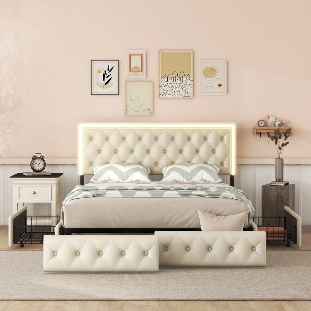 Queen Upholstered Bed Frame with 4 Storage Drawers H556726