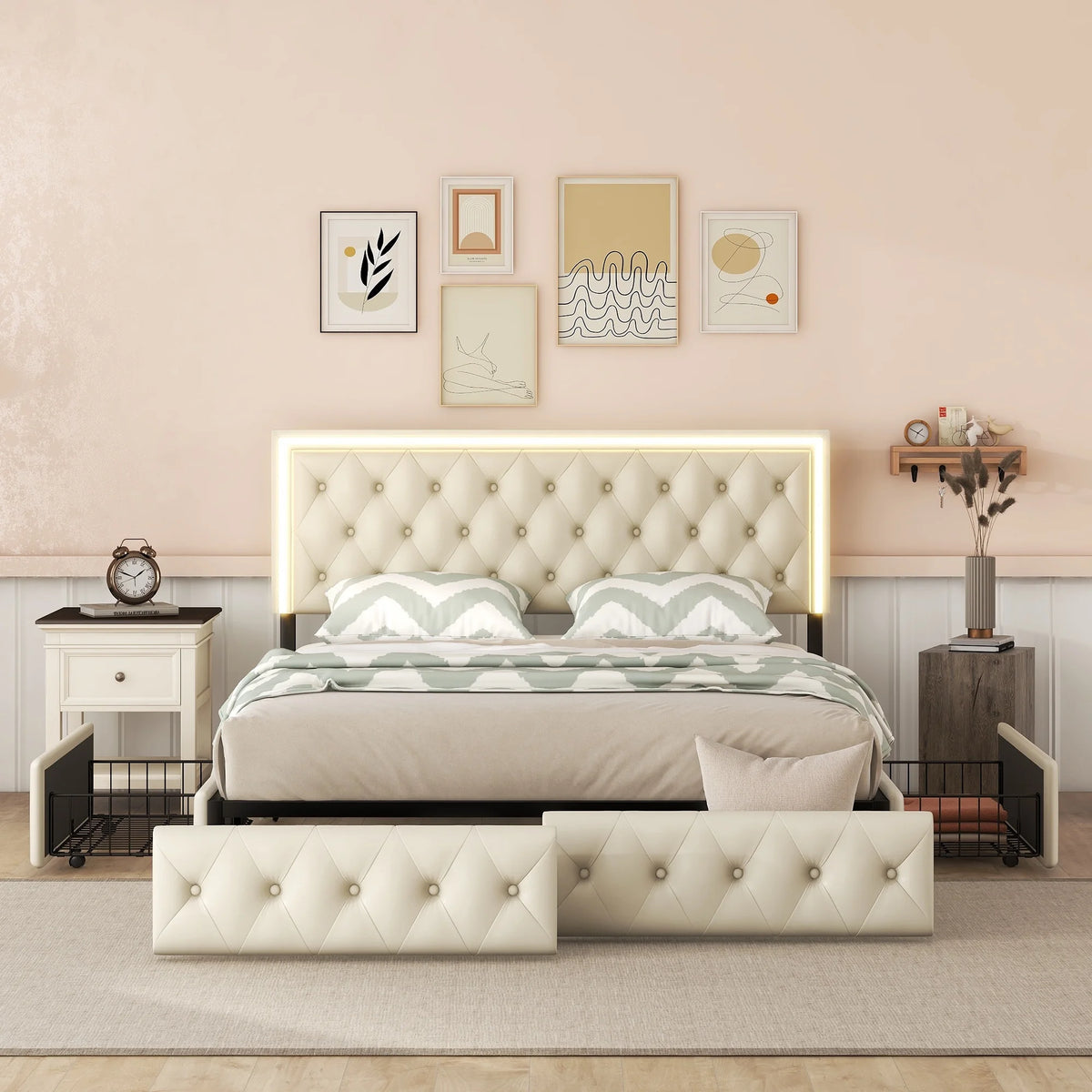 Queen Upholstered Bed Frame with 4 Storage Drawers H556726