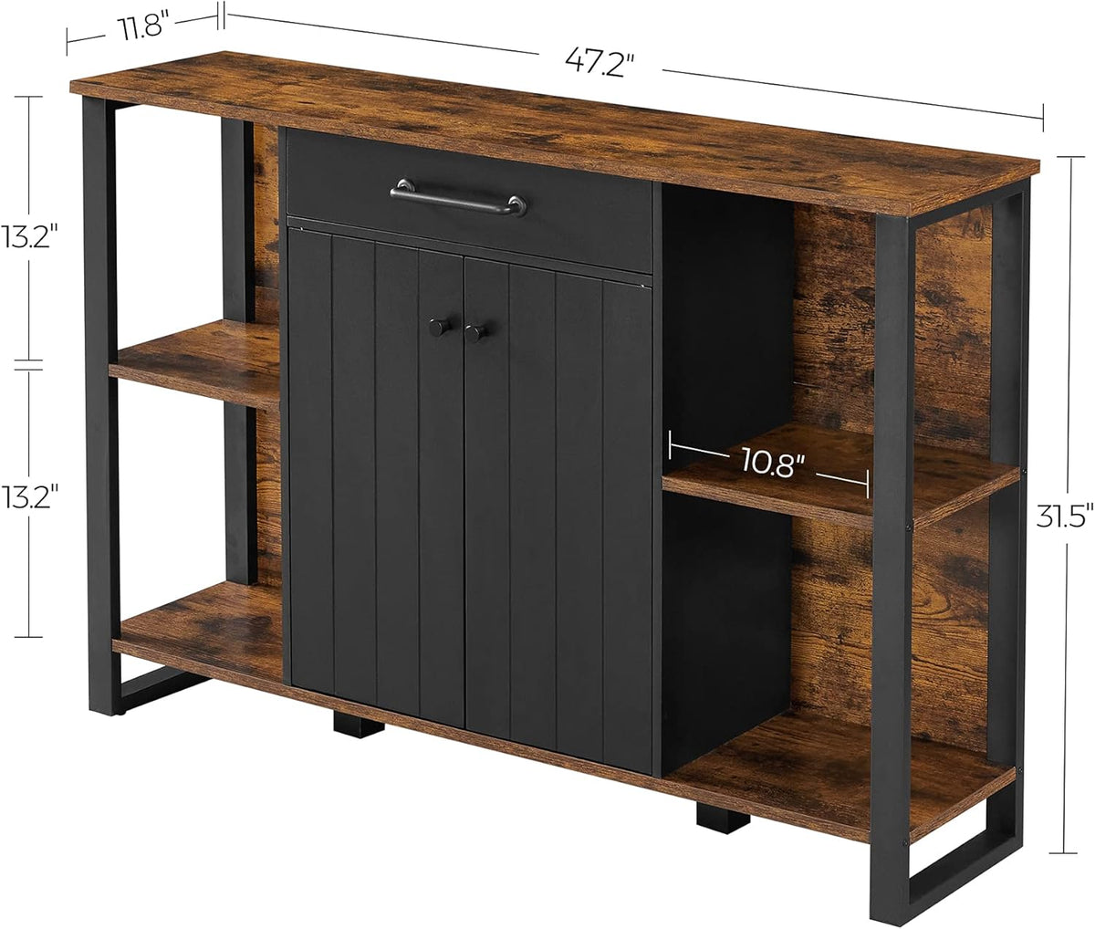 Rustic Brown and Black Steel Frame Buffet Cabinet with Drawer and Shelves L362