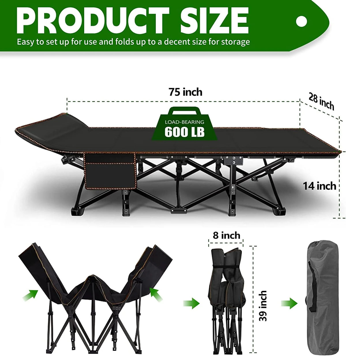 2 Pack Folding Camping Cot with Mattress and Carry Bag V9055