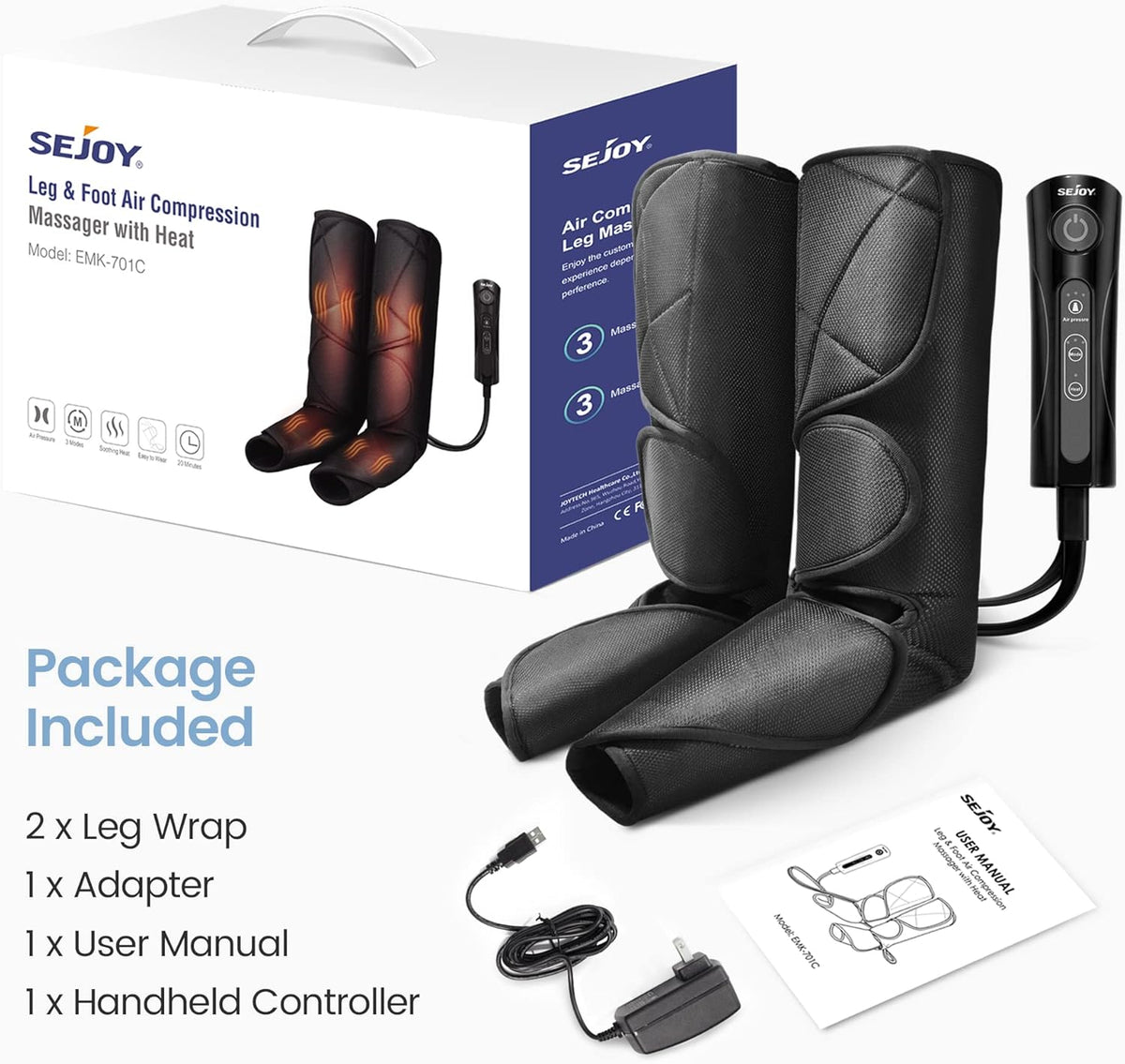 Leg Massager with Air Compression and Heat, Foot and Calf Massage Machine with Hand-held Controller O852