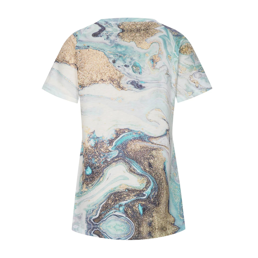 Abstract Marble Print T-Shirt Short Sleeve Blouse Loose Flowy Long Tees Plus Size P629