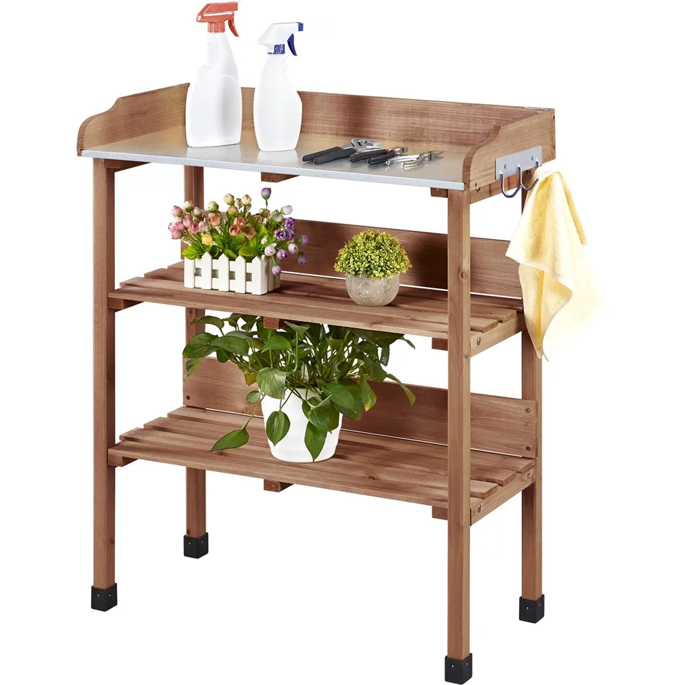 Brown Outdoor Potting Bench Table with Storage Shelf Z79486