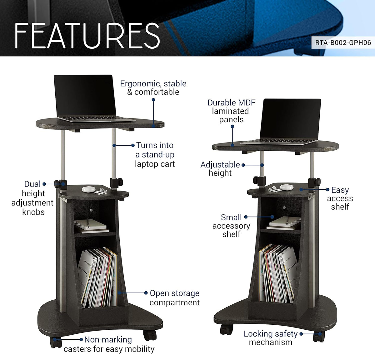 Graphite Sit-to-Stand Rolling Laptop Cart with Storage G79315