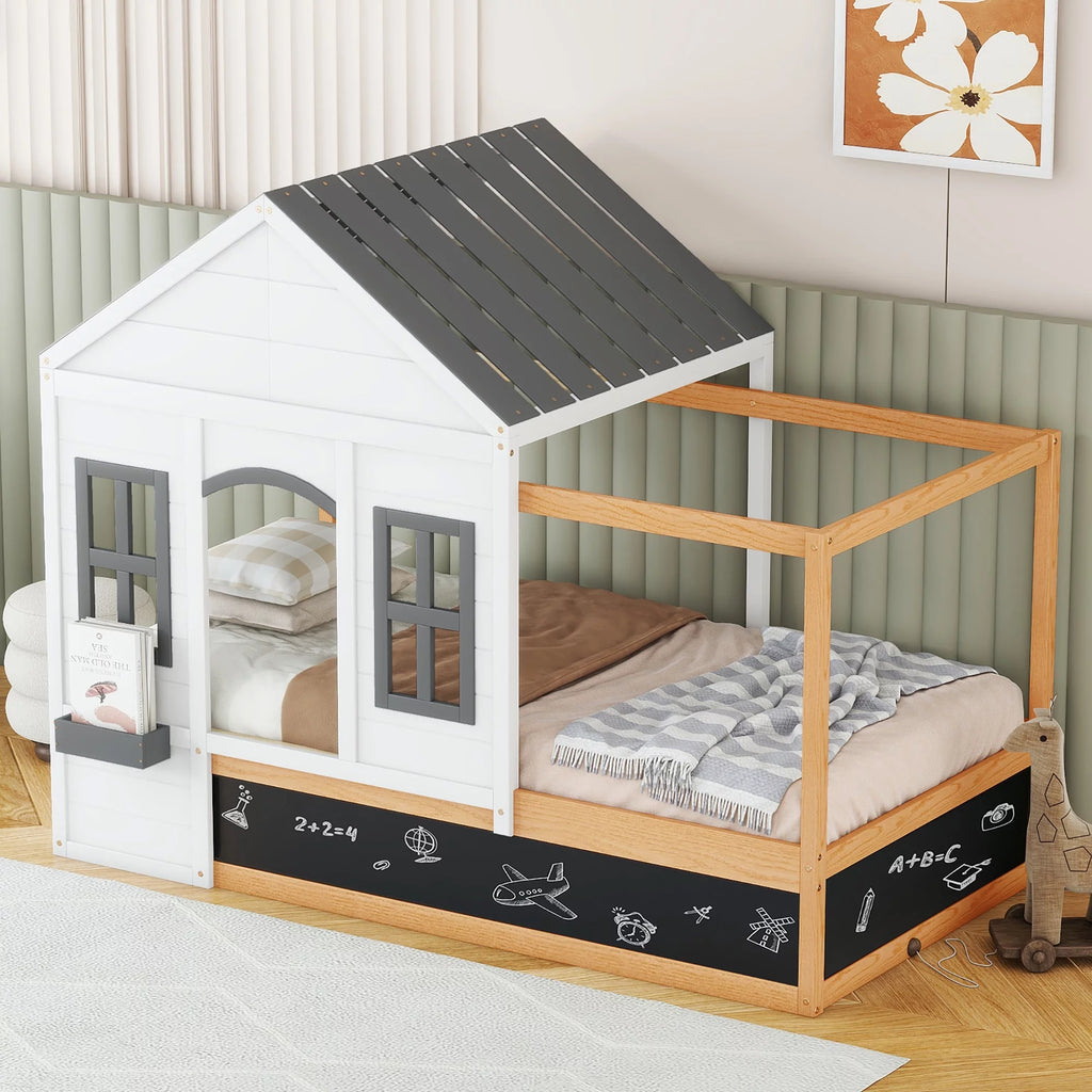 Twin Size House Shaped Canopy Bed with Black Roof and White Window P97006