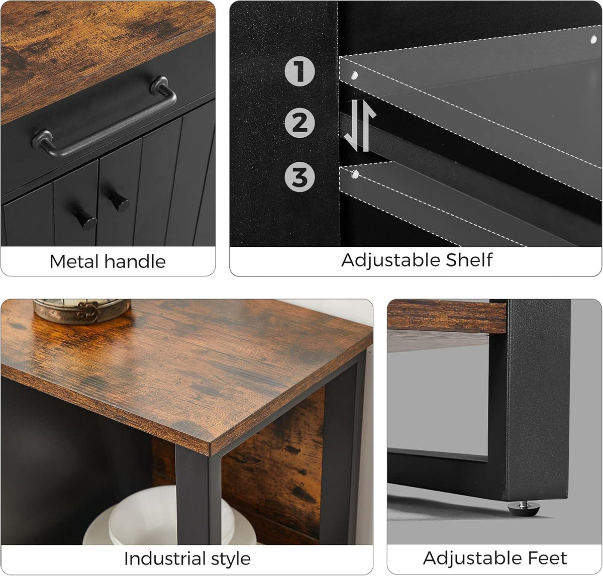 Rustic Brown and Black Steel Frame Buffet Cabinet with Drawer and Shelves L362