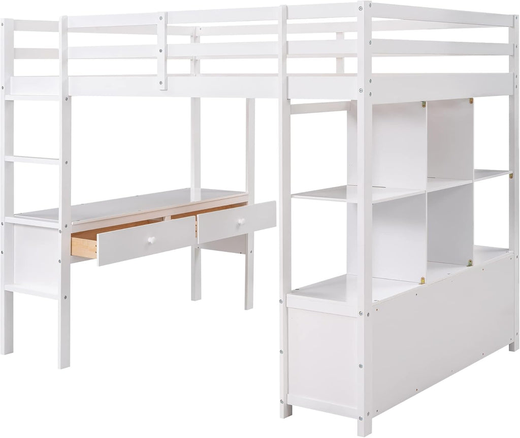 White Full Size Loft Bed with Built-in Desk, 2 Drawers and Storage Shelves Y494944