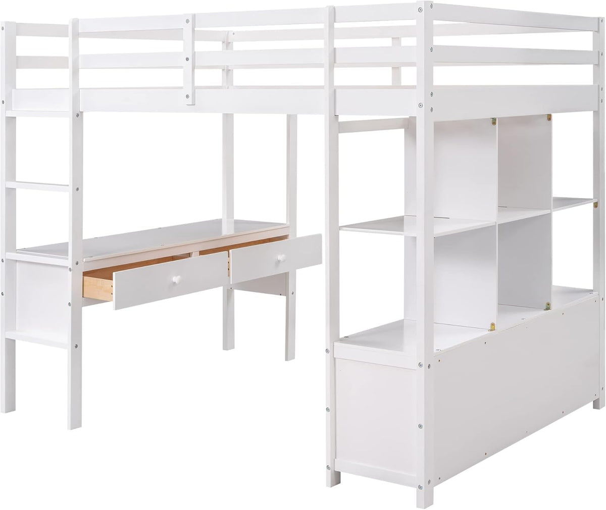 White Full Size Loft Bed with Built-in Desk, 2 Drawers and Storage Shelves Y494944