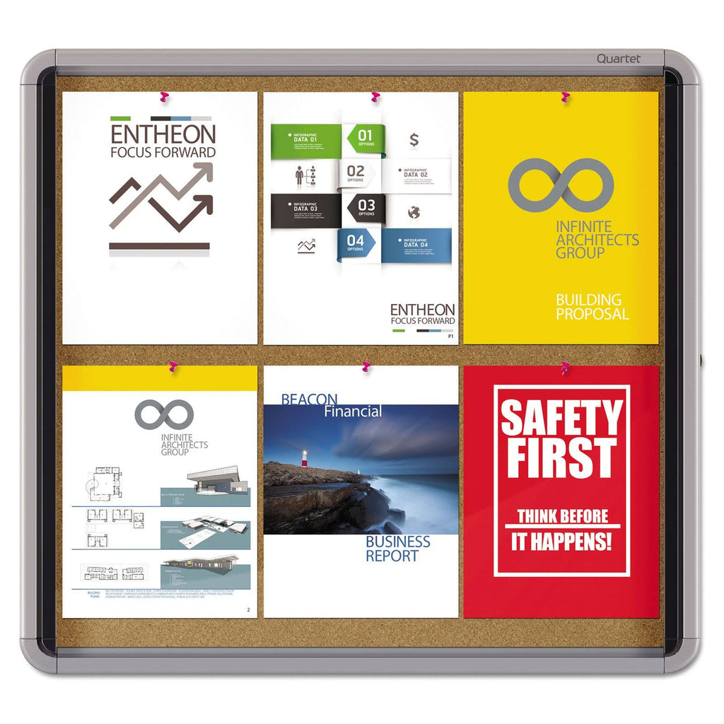 Enclosed Cork Bulletin Board with Swing Door, 30 x 27, Silver Aluminum Frame Q193500