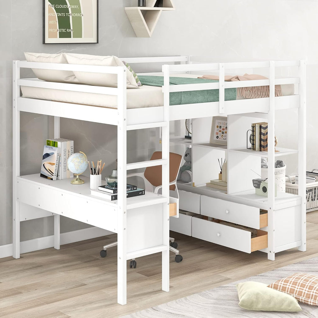 White Full Size Loft Bed with Built-in Desk, 2 Drawers and Storage Shelves Y494944