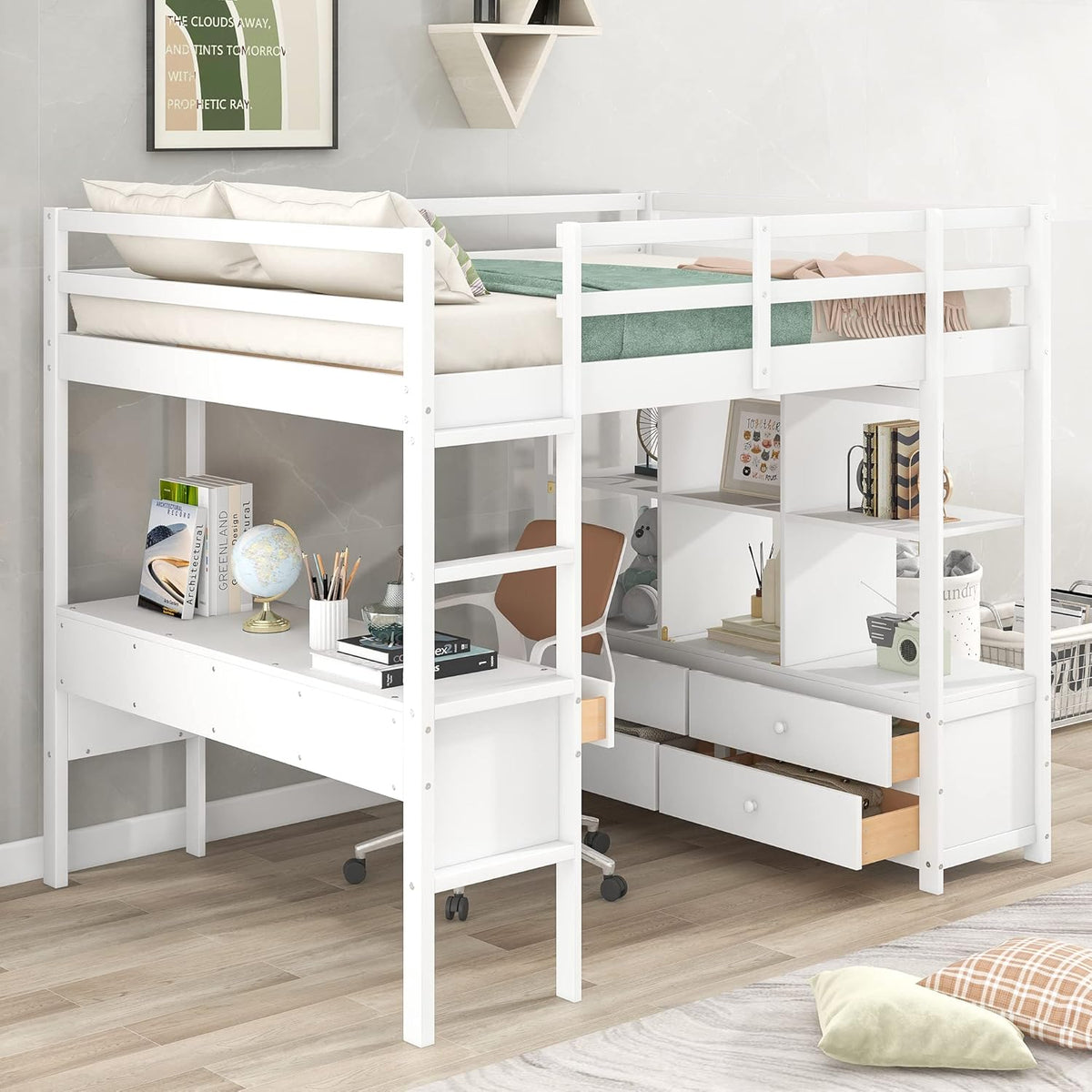 White Full Size Loft Bed with Built-in Desk, 2 Drawers and Storage Shelves Y494944
