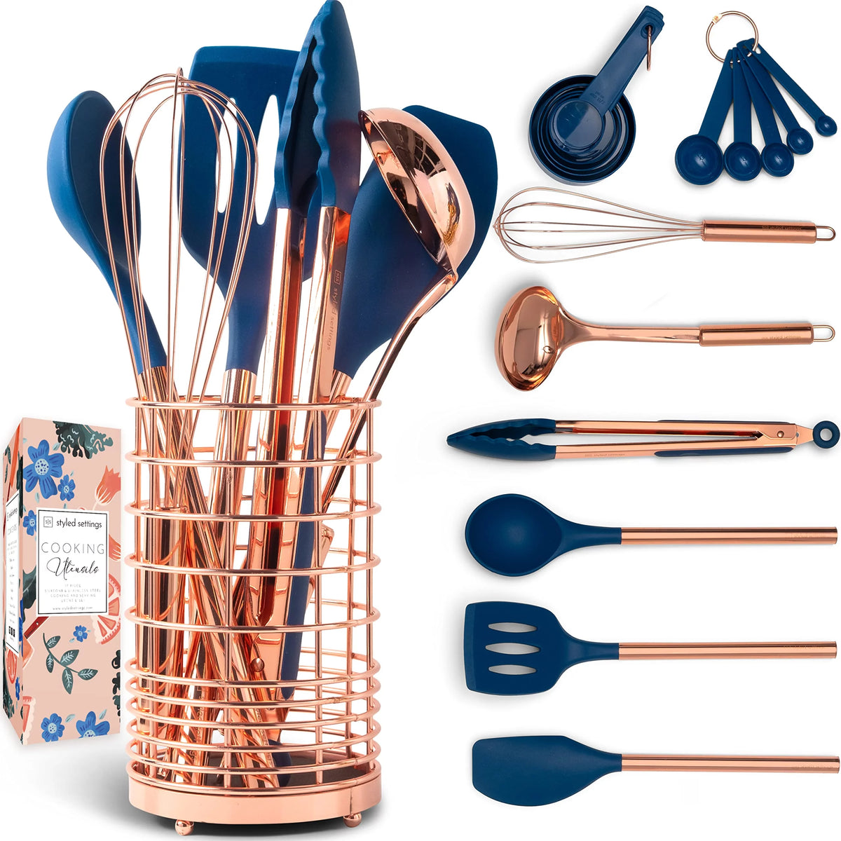 17 Pc Copper and Blue Silicone Kitchen Utensils Set B1966
