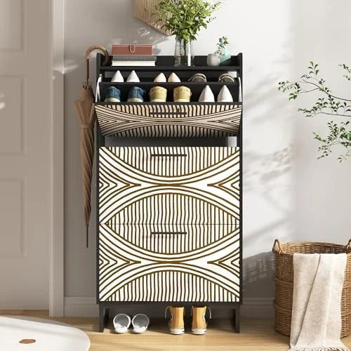 White Slim Shoe Cabinet with 3 Flip Drawers X336