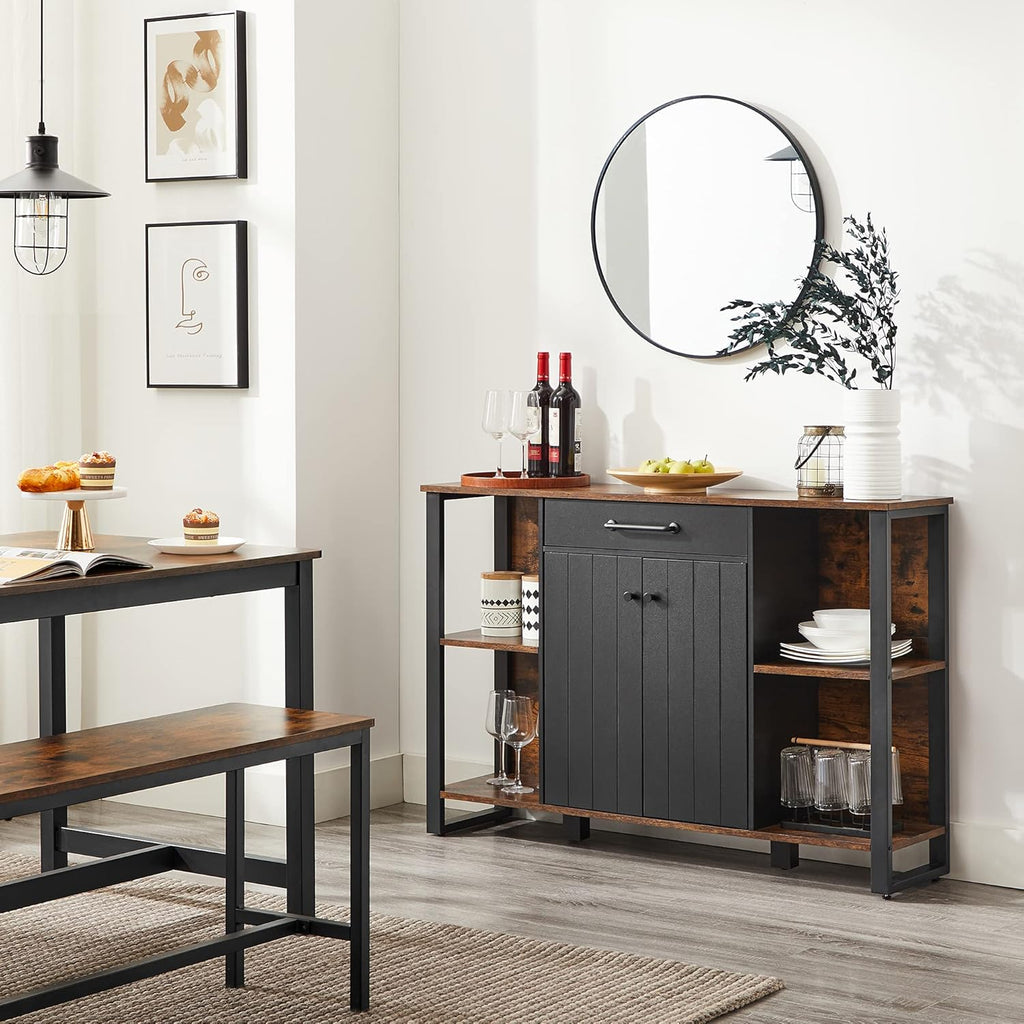 Rustic Brown and Black Steel Frame Buffet Cabinet with Drawer and Shelves L362