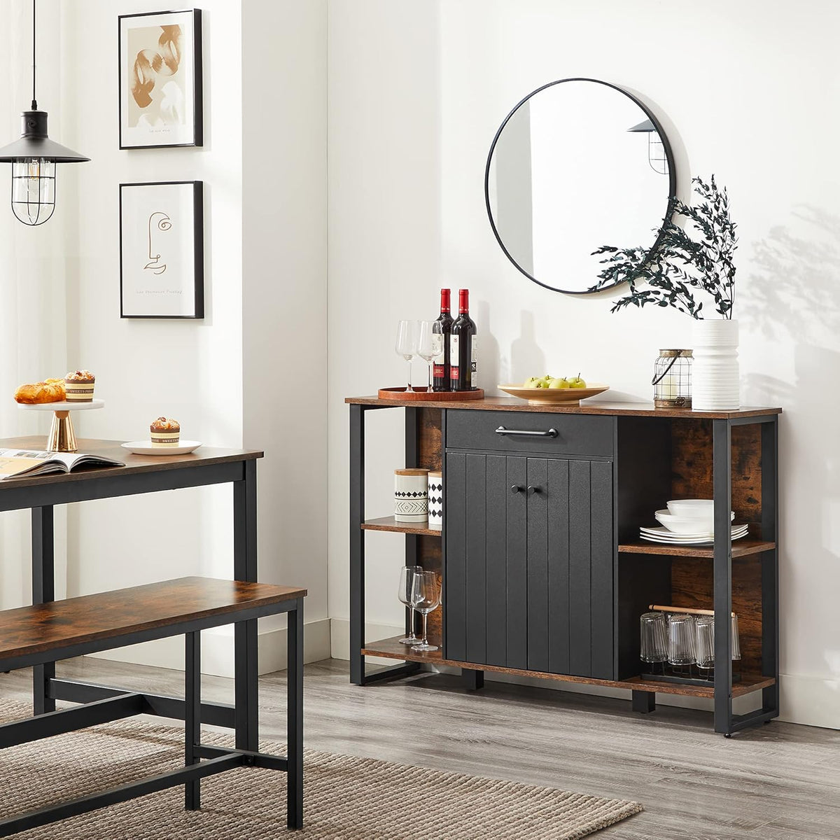 Rustic Brown and Black Steel Frame Buffet Cabinet with Drawer and Shelves L362
