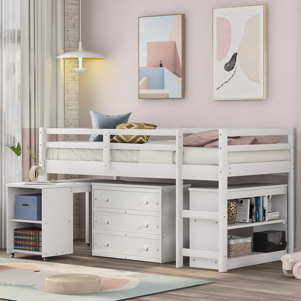 White Solid Wood Twin-Size Low Loft Bed Frame with Ladder and Desk S8898