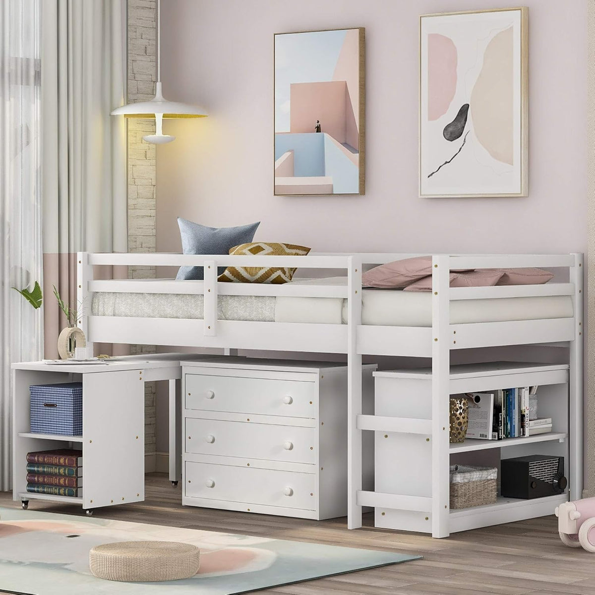 White Solid Wood Twin-Size Low Loft Bed Frame with Ladder and Desk S8898