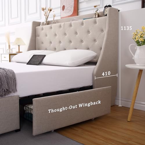 Full Size Upholstered Platform Bed with Button Tufted Storage Headboard and 4 Storage Drawers X780103