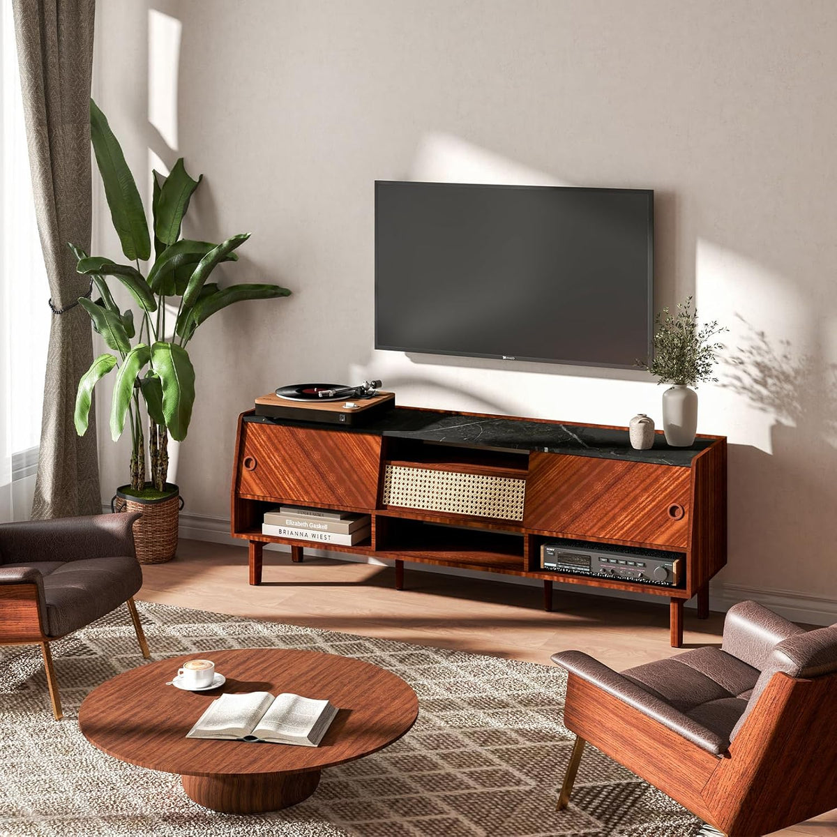 Walnut 67 inch TV Stand with Rattan Drawer K81891