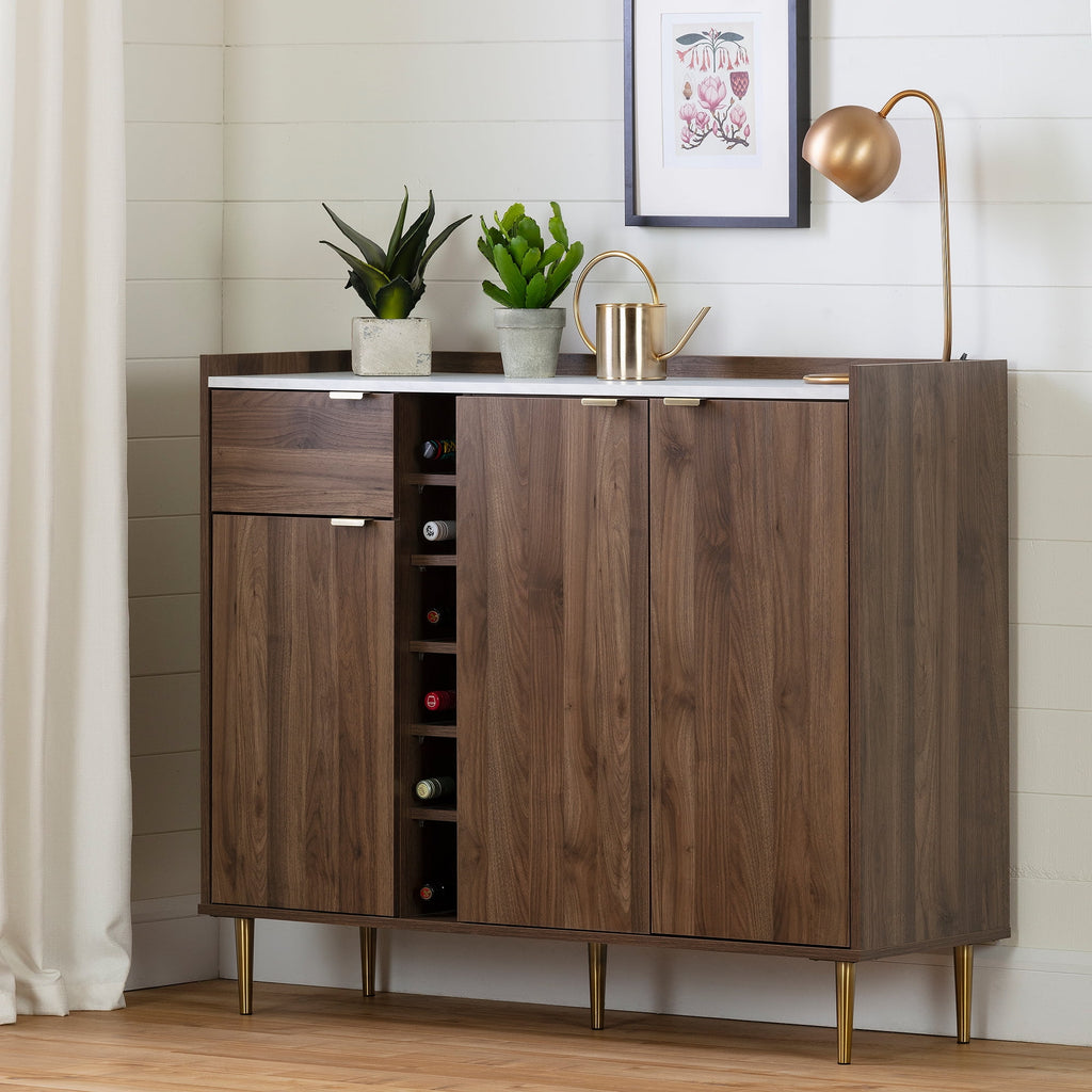 Natural Walnut and Faux Carrara Marble Buffet with Storage V445