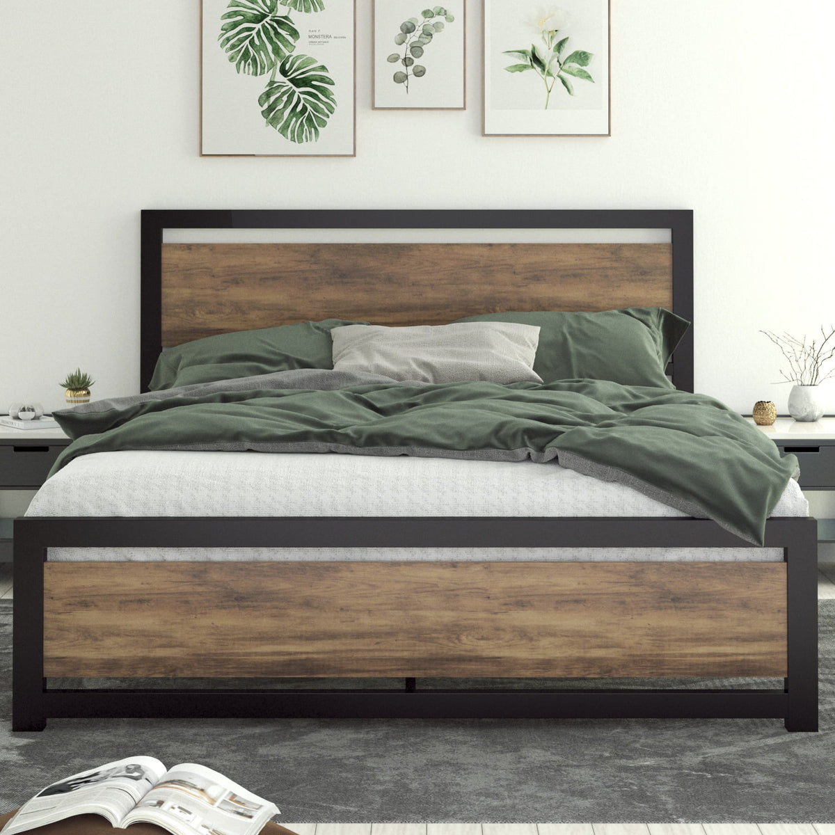 Queen Size Metal Platform Bed Frame with Wooden Headboard Footboard C5418
