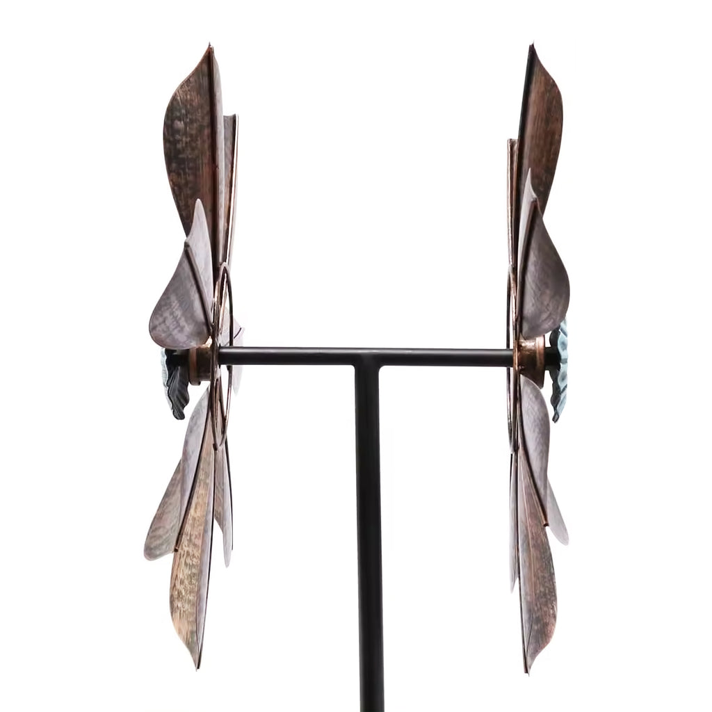 60 inch Metal Wind Spinner with Bronze Leaves and Blue Flower Core J14067