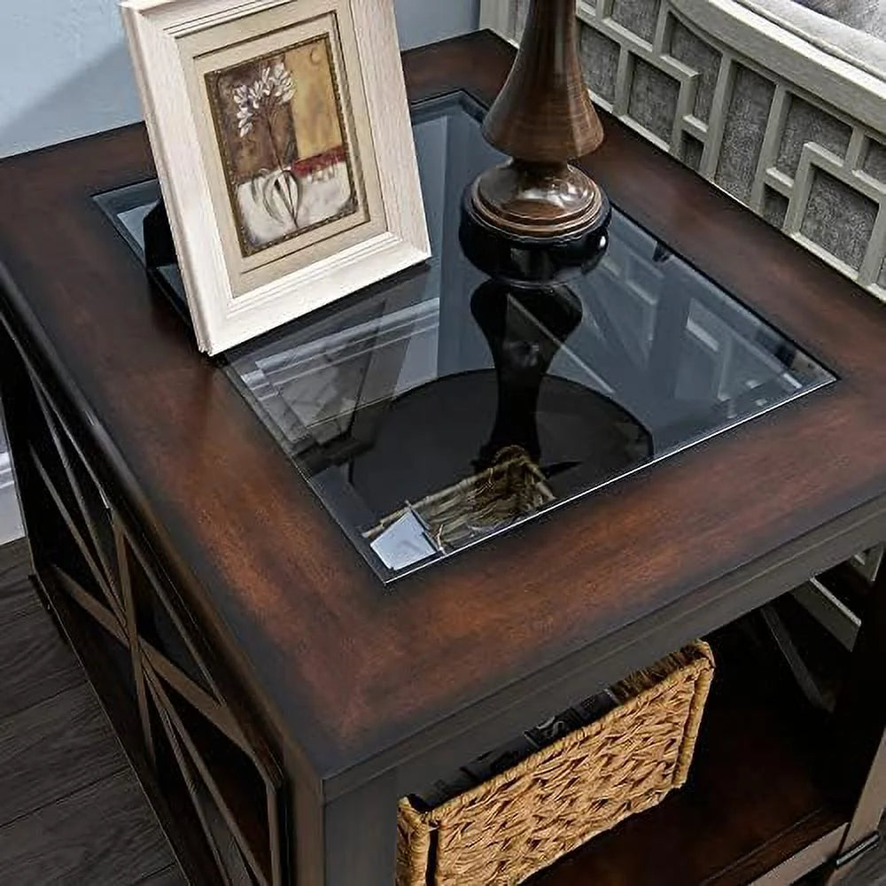 Rustic Brown End Table with Tempered Glass F384