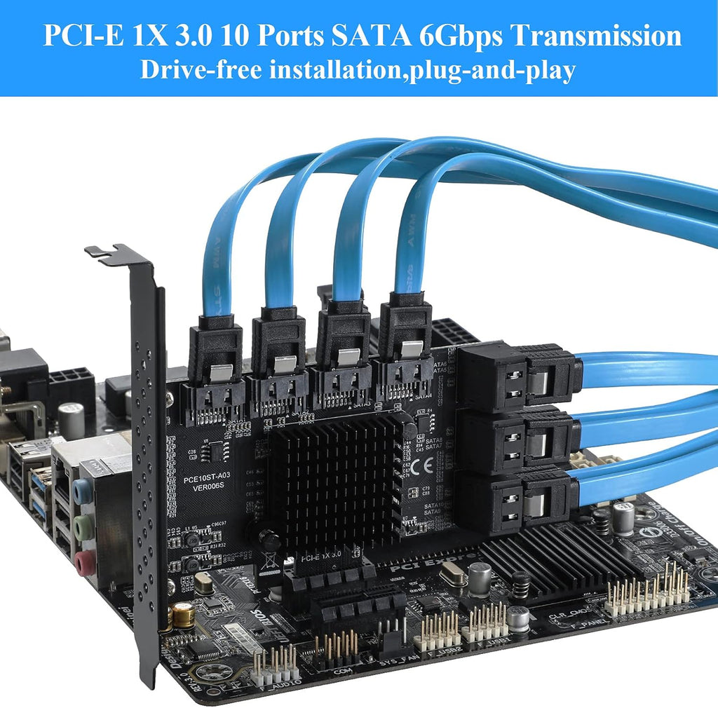 PCIE 1X 10 Ports 6 Gbps SATA 3.0 Expansion Card with Low Profile Bracket and 10 SATA Cables M964