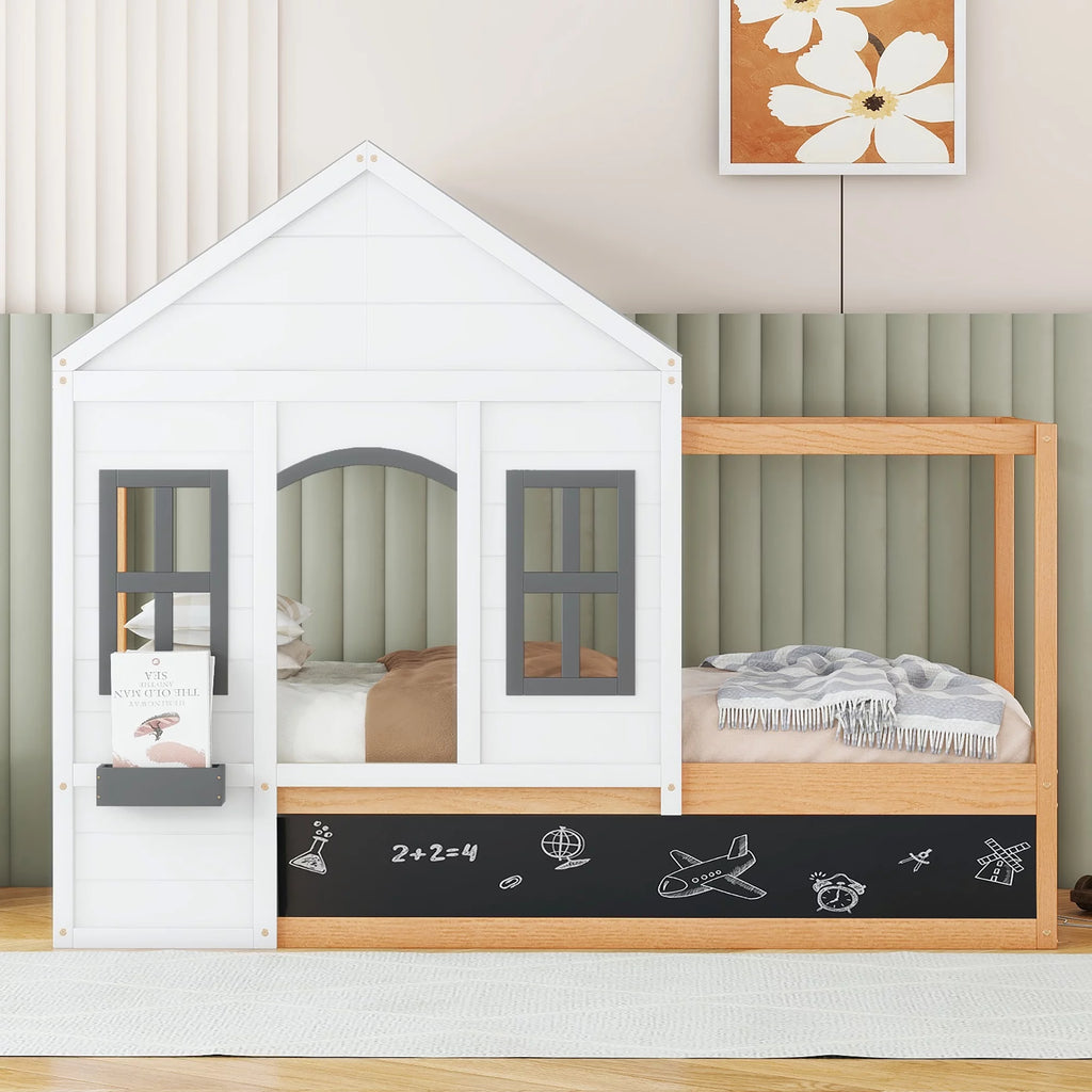 Twin Size House Shaped Canopy Bed with Black Roof and White Window P97006