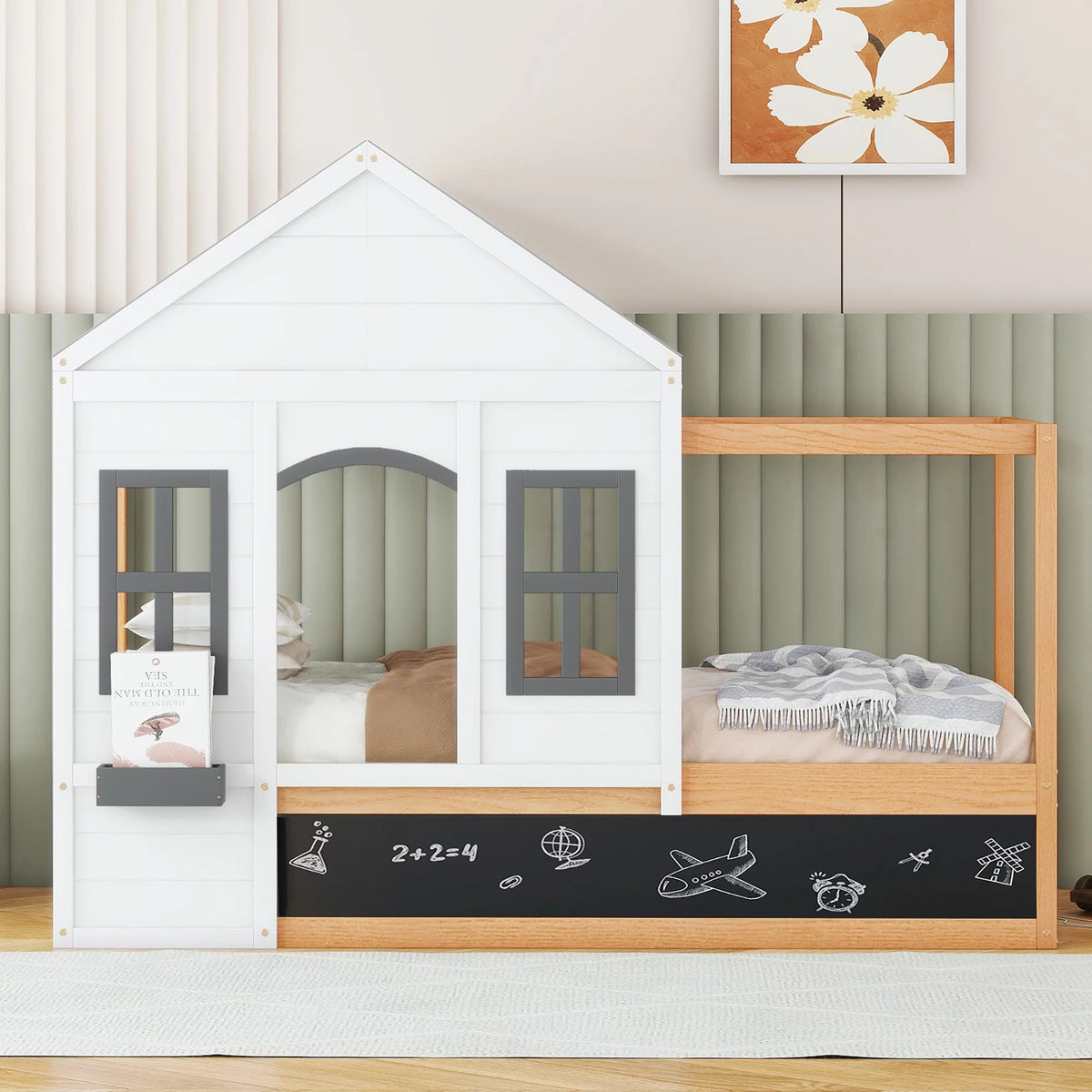 Twin Size House Shaped Canopy Bed with Black Roof and White Window P97006